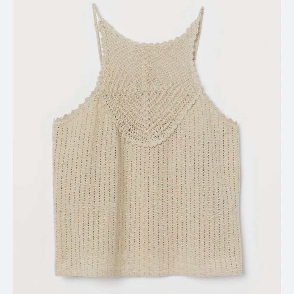 H&M Crocheted Top Spaghetti Strap Scalloped Cropped Light Beige Size XLarge